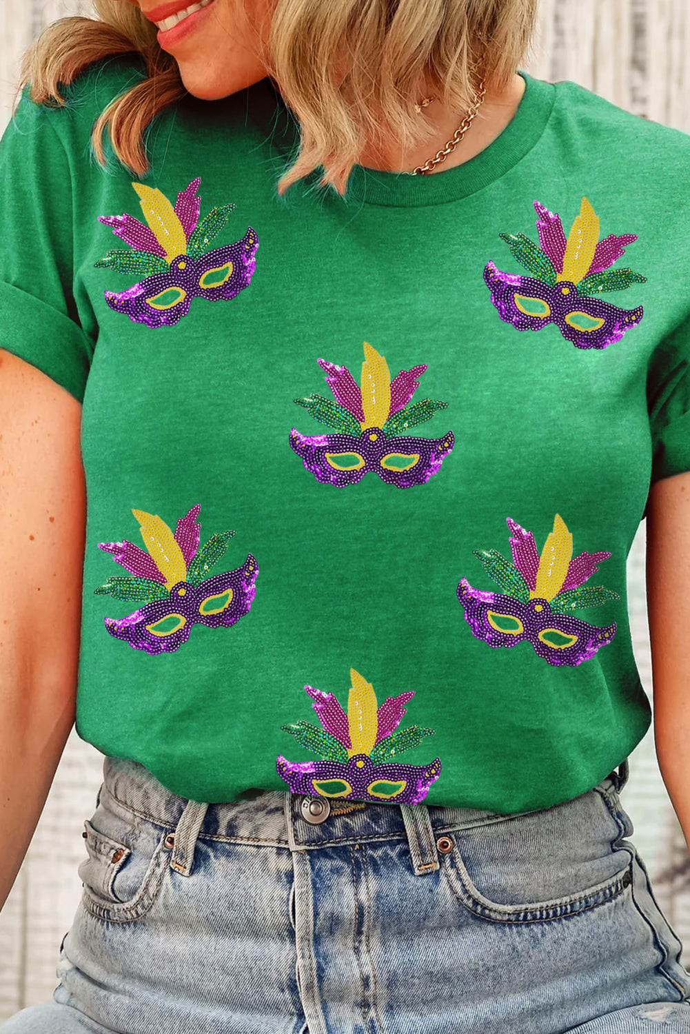 Bright Green Sequin Mardi Gras Mask Patched Pattern Crewneck Tee Graphic Tees JT's Designer Fashion