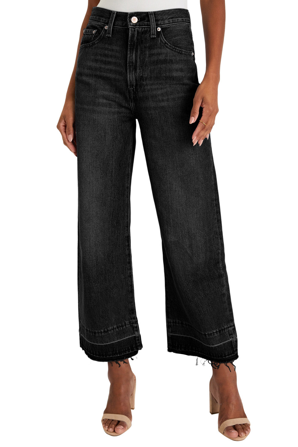 Black Raw Hem Straight Leg Loose High Waist Jeans Jeans JT's Designer Fashion