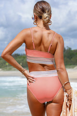 Peach Blossom Striped Patchwork Spaghetti Strap High Waist Bikini Swimsuit High Waisted Swimsuit JT's Designer Fashion