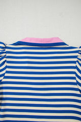 Dark Blue Stripe Print Contrast Collar Split Neck Flutter Sleeve Short Dress Mini Dresses JT's Designer Fashion