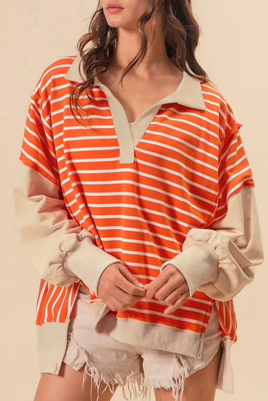Orange Stripe Color Block Loose Fit Collared Drop Shoulder Sweatshirt Sweatshirts & Hoodies JT's Designer Fashion
