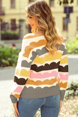 Yellow Wave Striped Balloon Sleeve Drop Shoulder Sweater Sweaters JT's Designer Fashion