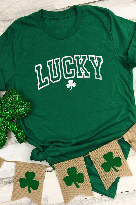 Green LUCKY Clover Puff Print Round Neck Casual T Shirt Graphic Tees JT's Designer Fashion