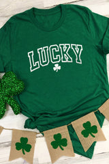 Green LUCKY Clover Puff Print Round Neck Casual T Shirt Graphic Tees JT's Designer Fashion