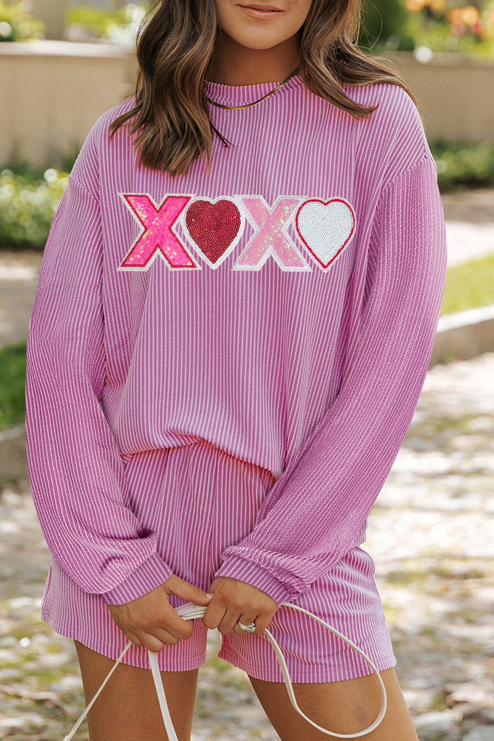Phalaenopsis Corded Sequined XOXO Heart Valentines Long Sleeve Shorts Set Phalaenopsis 75%Polyester+20%Viscose+5%Elastane Graphic Sets JT's Designer Fashion