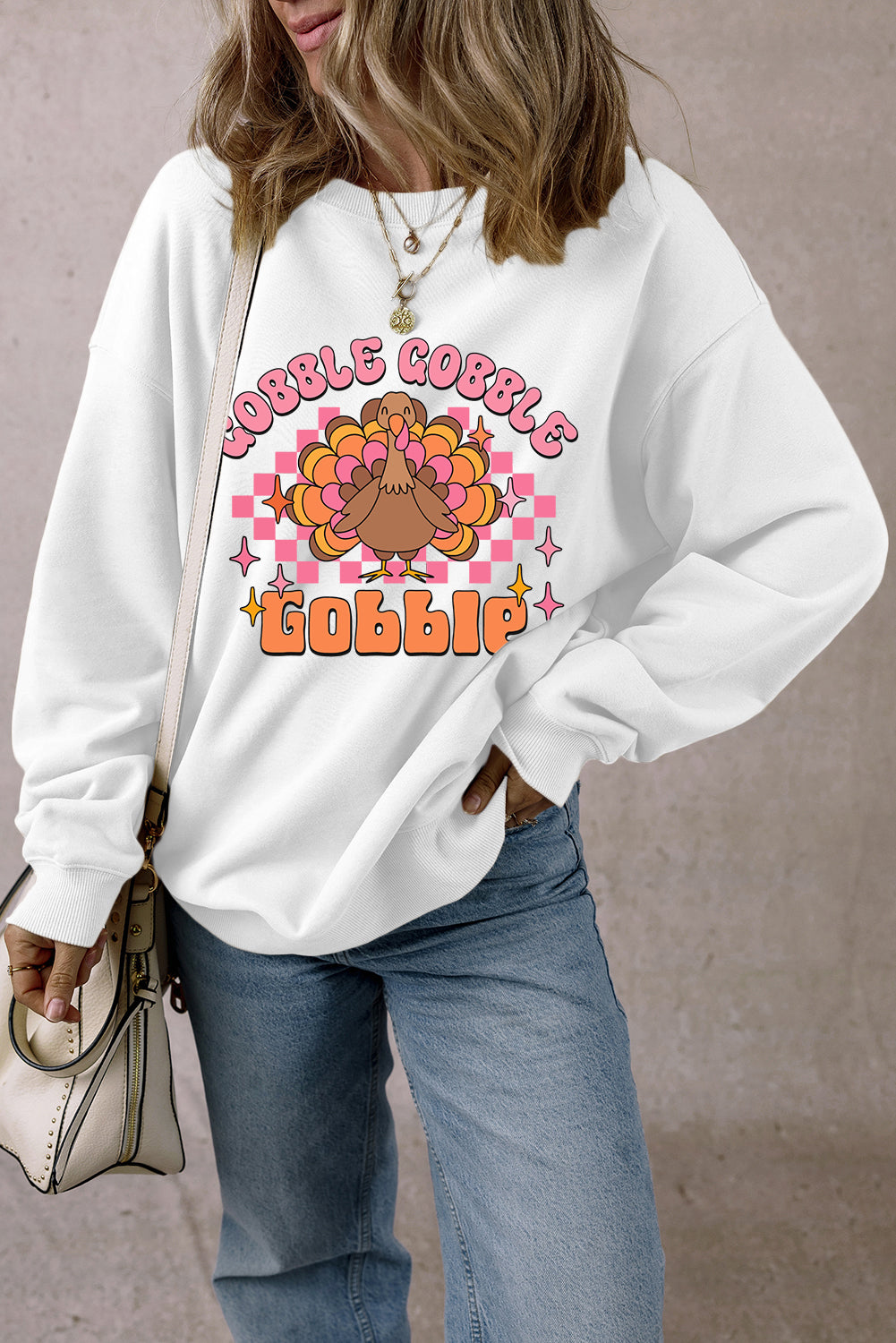 White Gobble Gobble Turkey Graphic Crewneck Thanksgiving Sweatshirt Graphic Sweatshirts JT's Designer Fashion