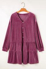 Meadow Mauve Plus Size Textured Velvet Tiered Buttons Tiered Dress Plus Size Mini Dresses JT's Designer Fashion