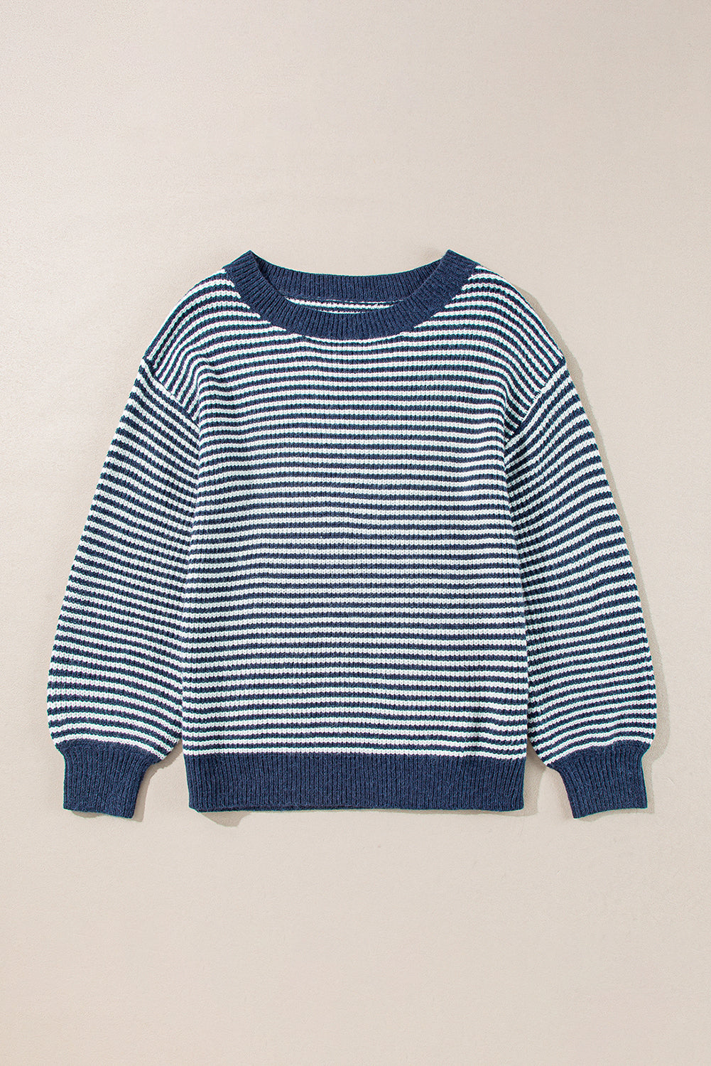 Sail Blue Striped Lantern Sleeve Drop Shoulder Cozy Sweater Sweaters JT's Designer Fashion