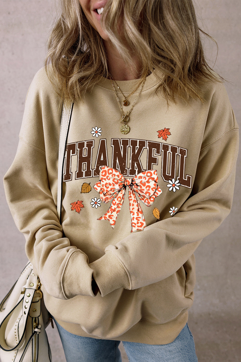 Parchment THANKFUL Leopard Bow Fall Vibe Graphic Sweatshirt Graphic Sweatshirts JT's Designer Fashion