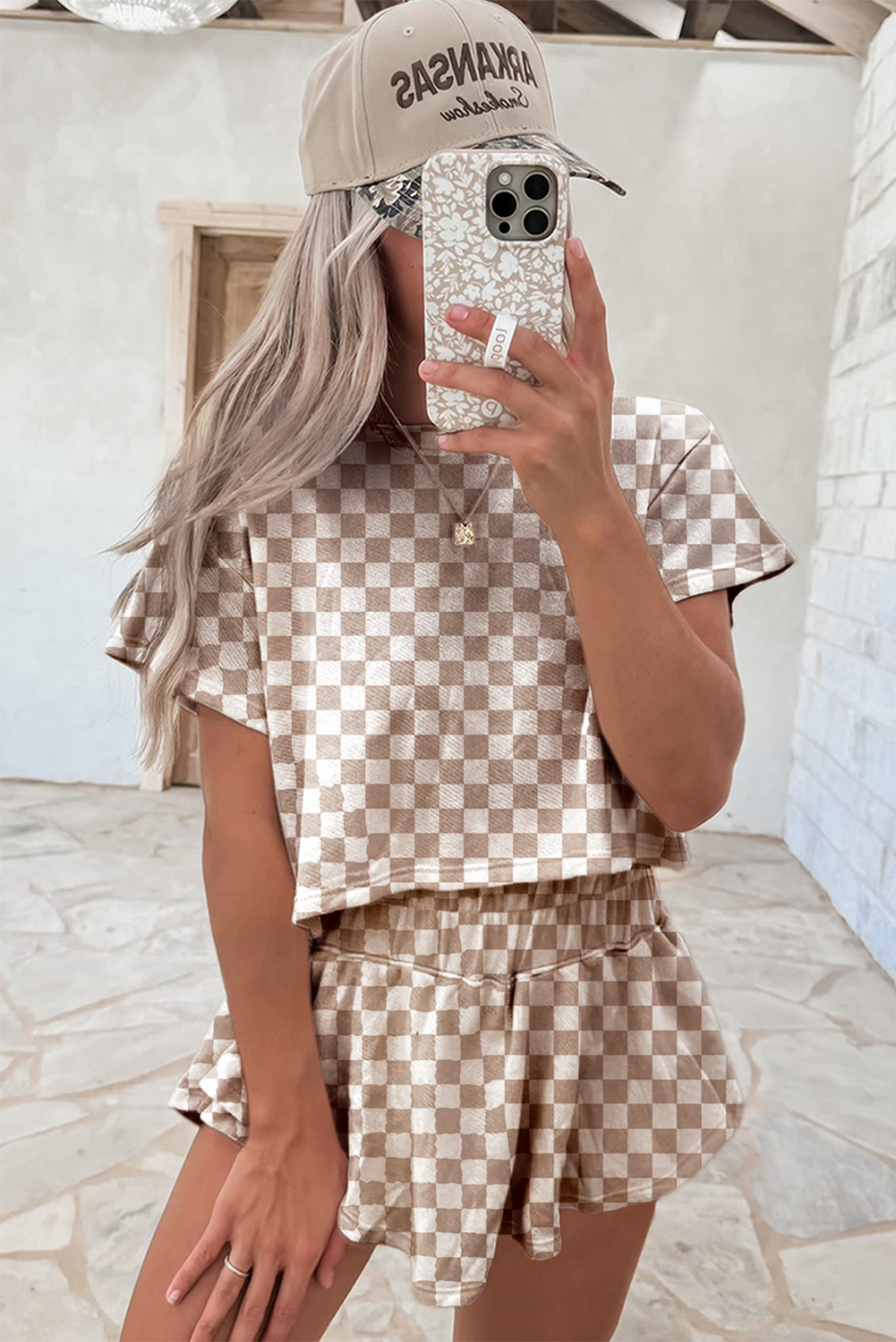Brown Checkerboard T Shirt and High Waist Skorts 2 Piece Outfit Short Sets JT's Designer Fashion