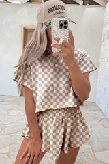 Brown Checkerboard T Shirt and High Waist Skorts 2 Piece Outfit Short Sets JT's Designer Fashion