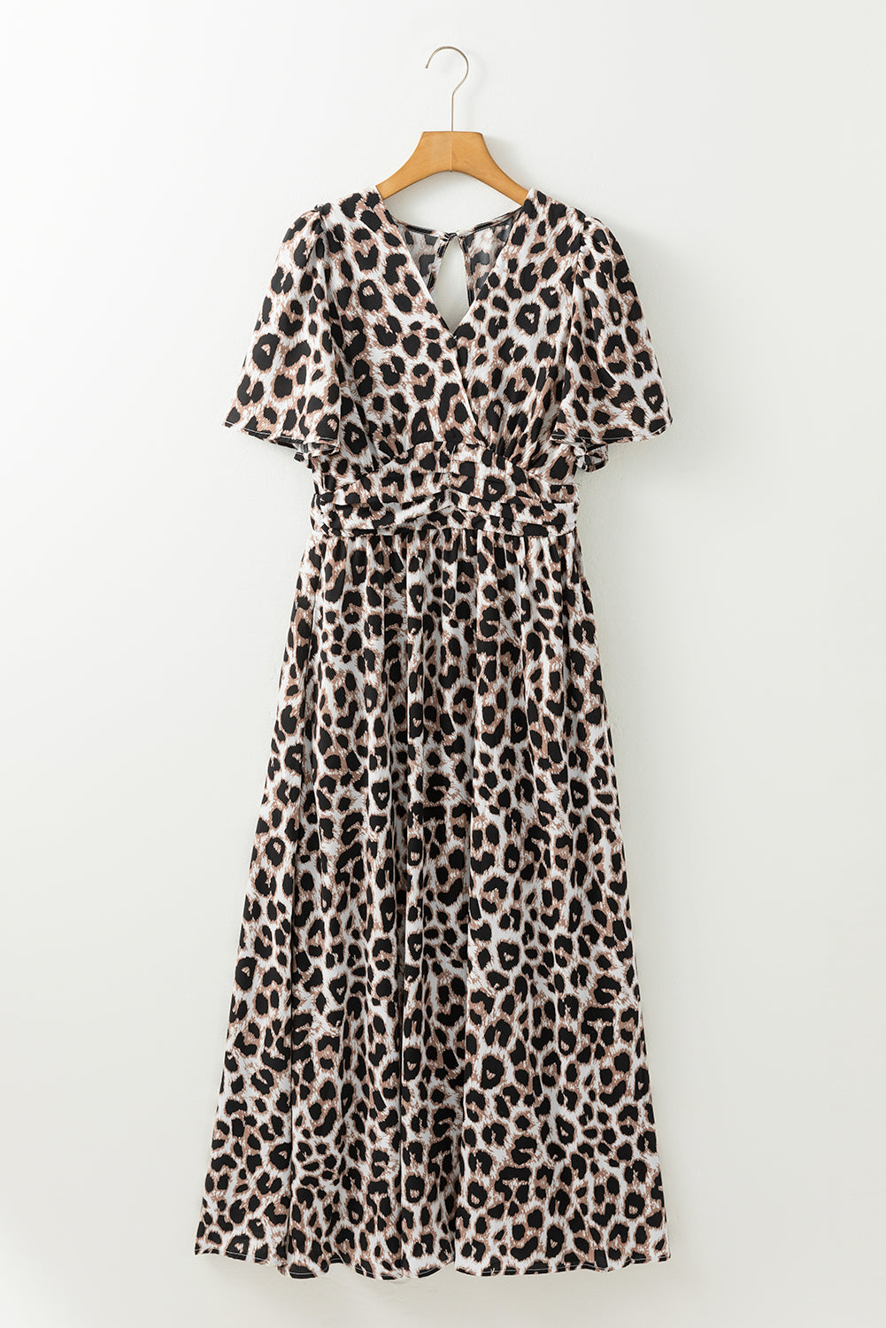 Khaki Leopard V Neck Cinched High Waist Open Back Long Dress Maxi Dresses JT's Designer Fashion