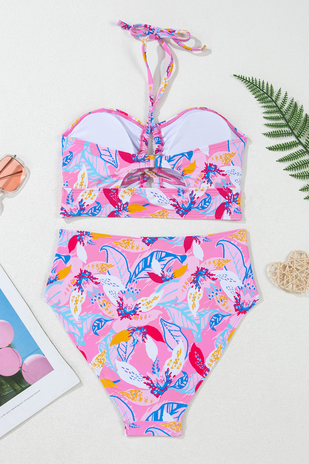 Pink Floral Printed Halter Neck High Waist Bikini High Waisted Swimsuit JT's Designer Fashion