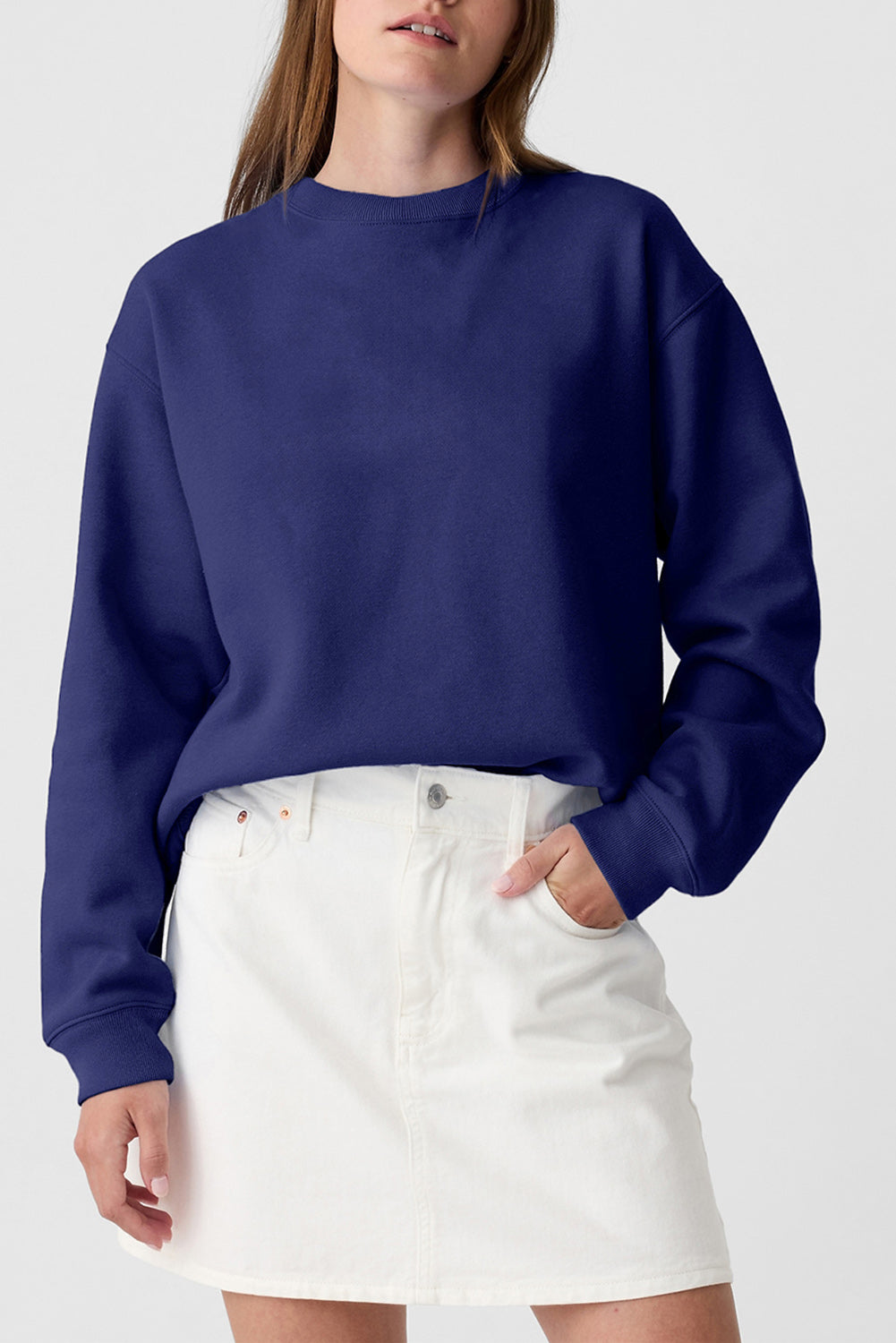 Navy Blue Plain Drop Shoulder Crewneck Pullover Sweatshirt Sweatshirts & Hoodies JT's Designer Fashion