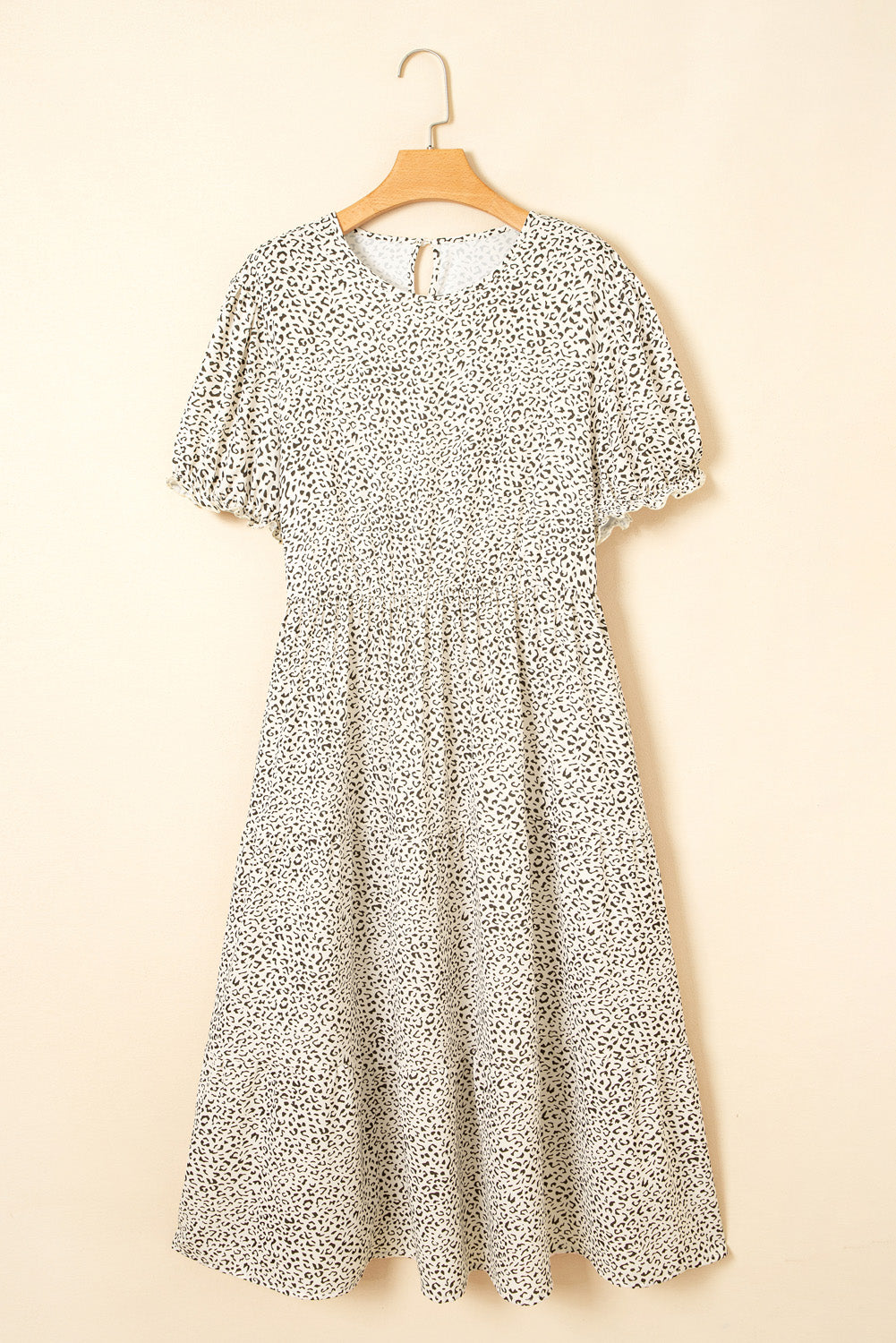 Beige Plus Size Leopard Print Frill Trim Short Sleeve Flared Dress Plus Size Midi Dresses JT's Designer Fashion