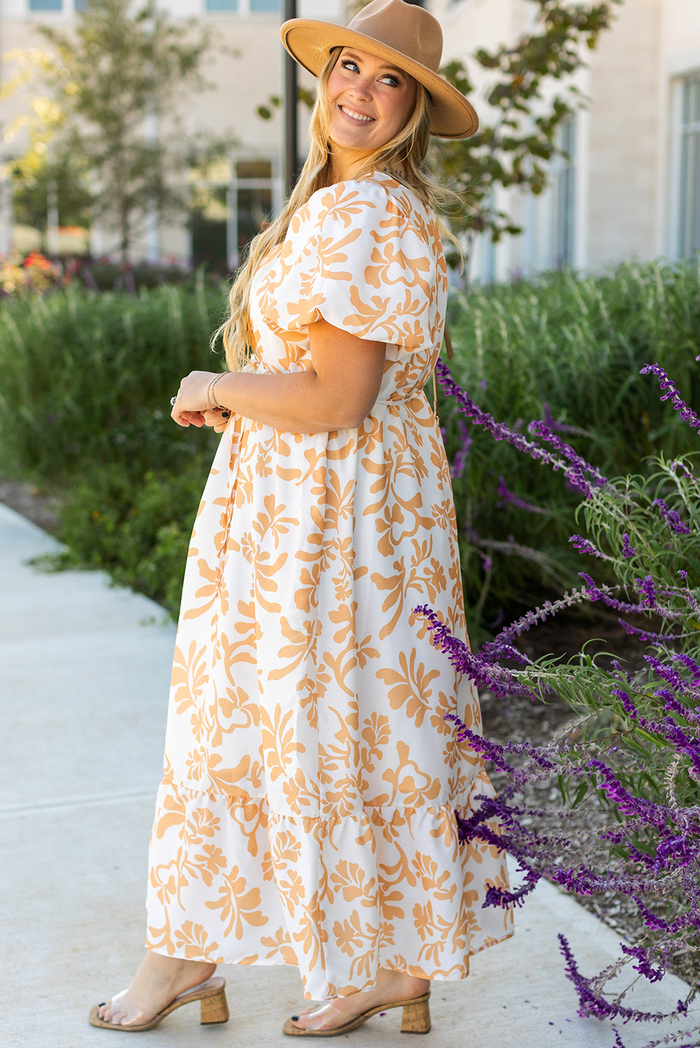 Apricot Floral Print Puff Short Sleeve Resort Plus Size Maxi Dress Plus Size Maxi Dresses JT's Designer Fashion