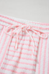 Pink Stripe Knitted Short Sleeve Top and Drawstring Shorts Set Short Sets JT's Designer Fashion