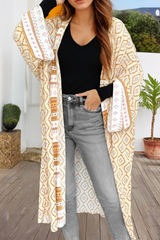 Yellow Bohemian Geometric Printed Loose Sleeve Long Kimono Yellow 100%Viscose Kimonos JT's Designer Fashion
