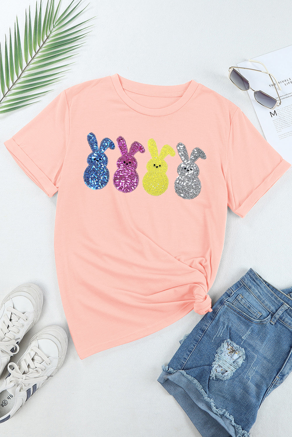 Pink Sequin Cute Bunny Graphic Easter Fashion Tee Graphic Tees JT's Designer Fashion