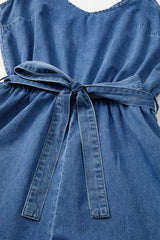 Ashleigh Blue Spaghetti Straps V Neck Belted Ruffled Leg Chambray Romper Bottoms JT's Designer Fashion