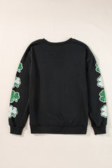 Black Sequin Clover Patched Drop Shoulder Sweatshirt Graphic Sweatshirts JT's Designer Fashion