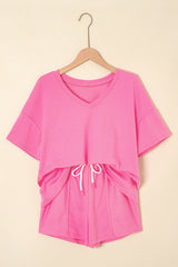 Bonbon V Neck Drop Shoulder Tee and Patchwork Drawstring Elastic Waistband Shorts Set Short Sets JT's Designer Fashion