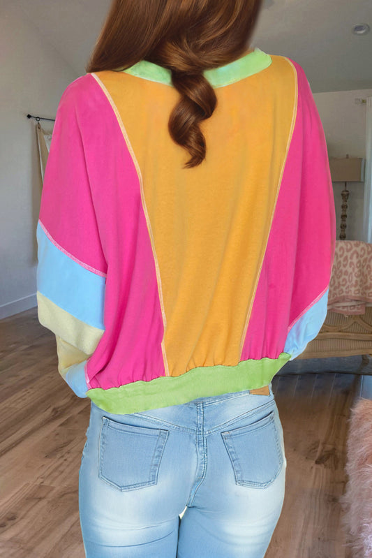 Grapefruit Orange Colorblock Patchwork Exposed Stitching Oversize Top Long Sleeve Tops JT's Designer Fashion