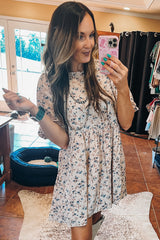 Beige Floral Puff Short Sleeve Empire Waist Mini Dress Floral Dresses JT's Designer Fashion