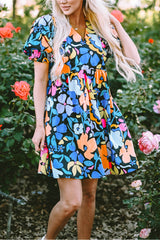 Blue Collared Split Neck Floral Flared Dress Floral Dresses JT's Designer Fashion
