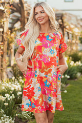 Pink Floral Print Bubble Short Sleeve Dress Floral Dresses JT's Designer Fashion