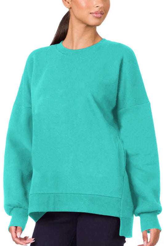 Sea Green Plain Drop Shoulder High Low Sweatshirt Sweatshirts & Hoodies JT's Designer Fashion
