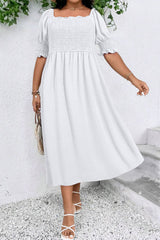 White Swiss Dot Smocked Frilled Neckline Short Sleeve Plus Size Dress White 100%Polyester Plus Size Maxi Dresses JT's Designer Fashion