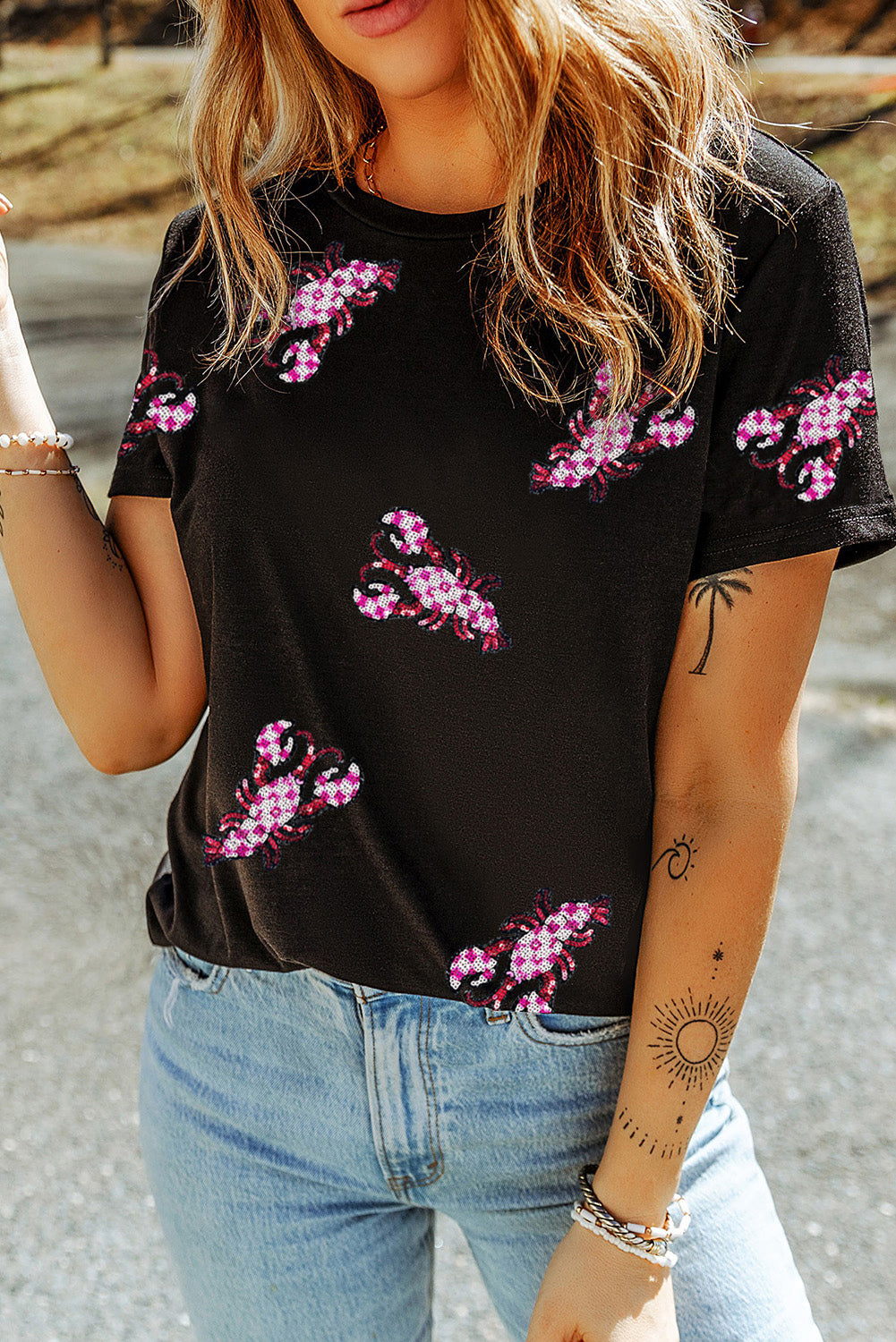 Black Sequin Crawfish Patched Crew Neck Tee Graphic Tees JT's Designer Fashion