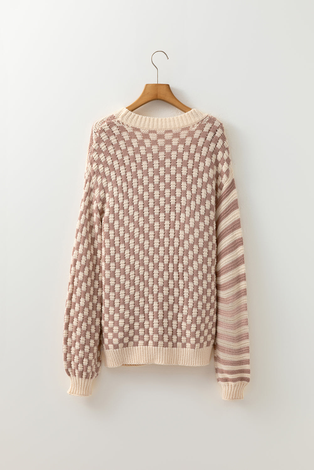 Khaki Stripe Checkerboard Drop Shoulder Balloon Sleeve Sweater Sweaters JT's Designer Fashion