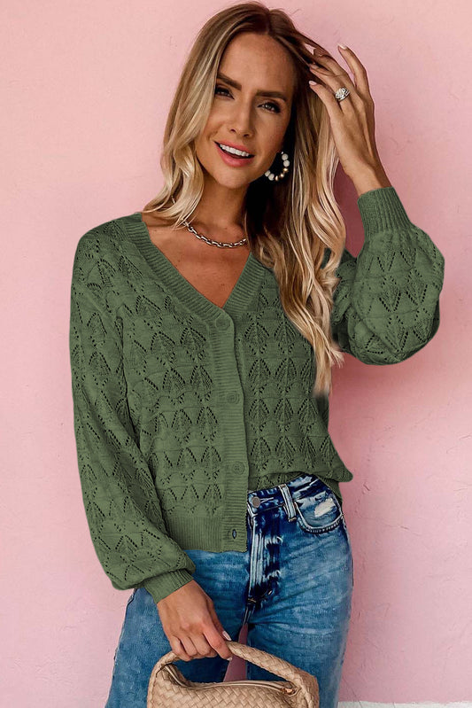 Green Lightweight Buttoned Front Crochet Cardigan Cardigans JT's Designer Fashion
