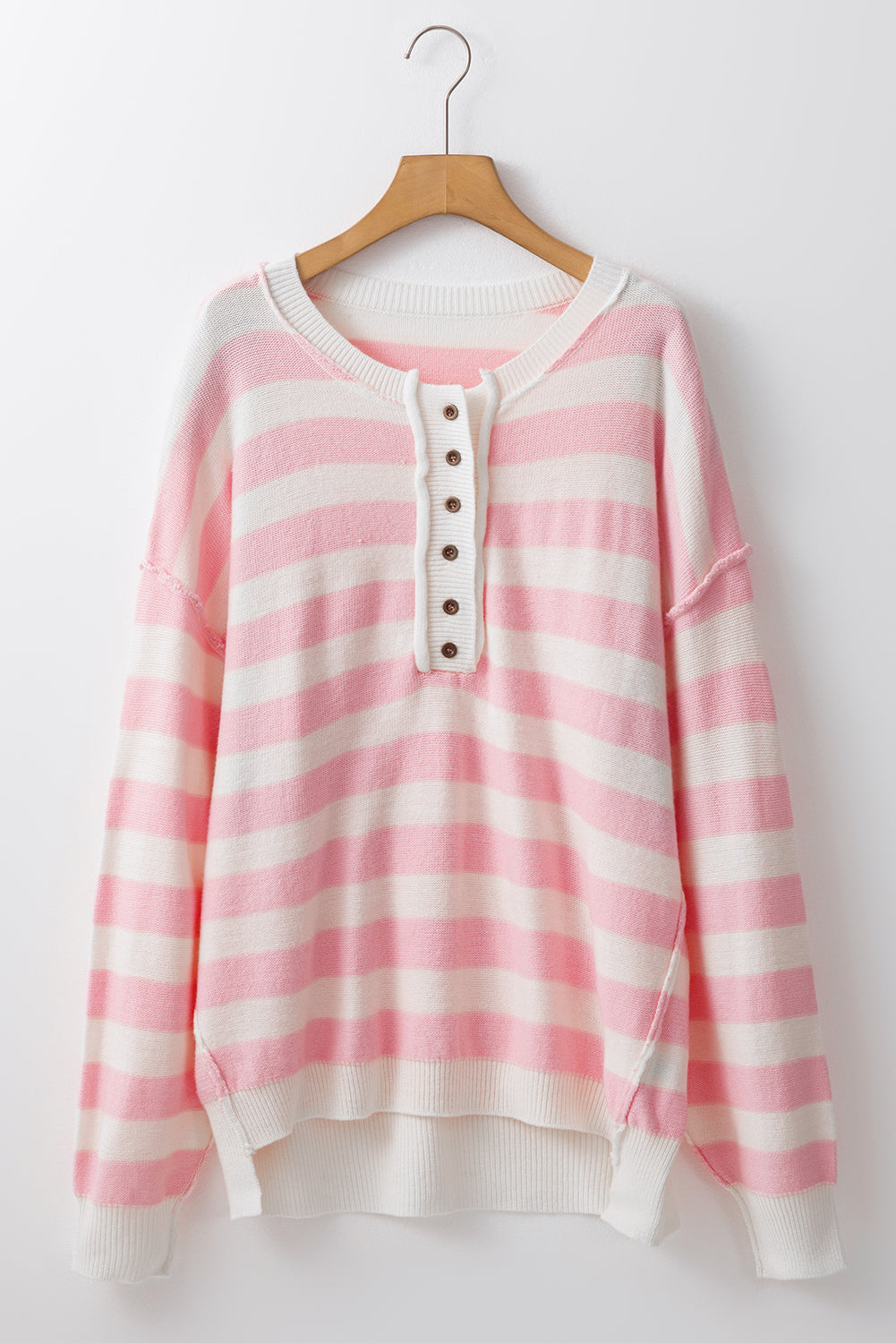 Pink Stripe Half Buttons Drop Shoulder Sweater Sweaters JT's Designer Fashion