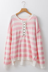 Pink Stripe Half Buttons Drop Shoulder Sweater Sweaters JT's Designer Fashion