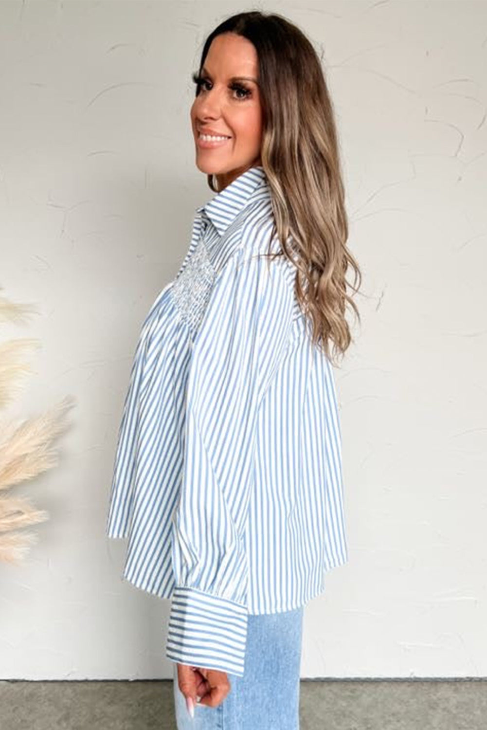 Sky Blue Stripe Shirred Detail Half Placket Collared Long Sleeve Fall Shirt Blouses & Shirts JT's Designer Fashion