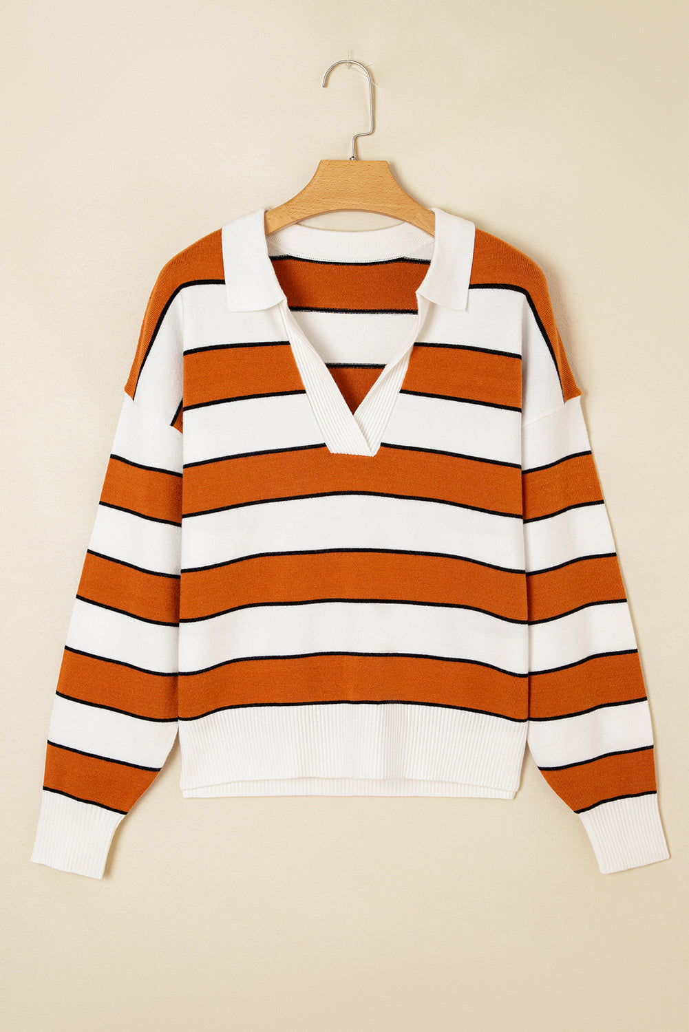 Brown Stripe Ribbed Polo Collar Drop Shoulder Sweater Sweaters JT's Designer Fashion