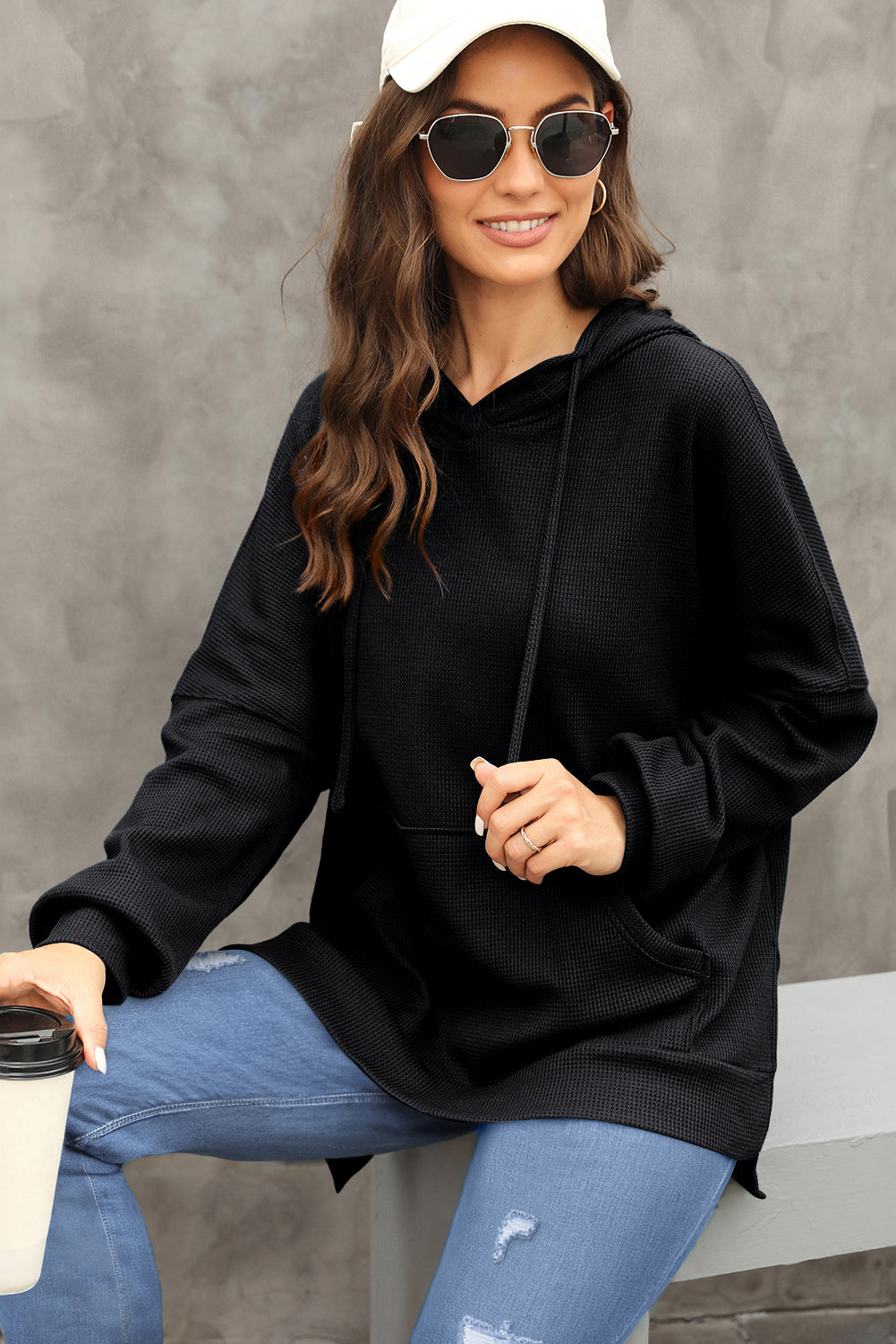 Black Waffle Knit Fleece Lined High Low Oversized Hoodie Sweatshirts & Hoodies JT's Designer Fashion