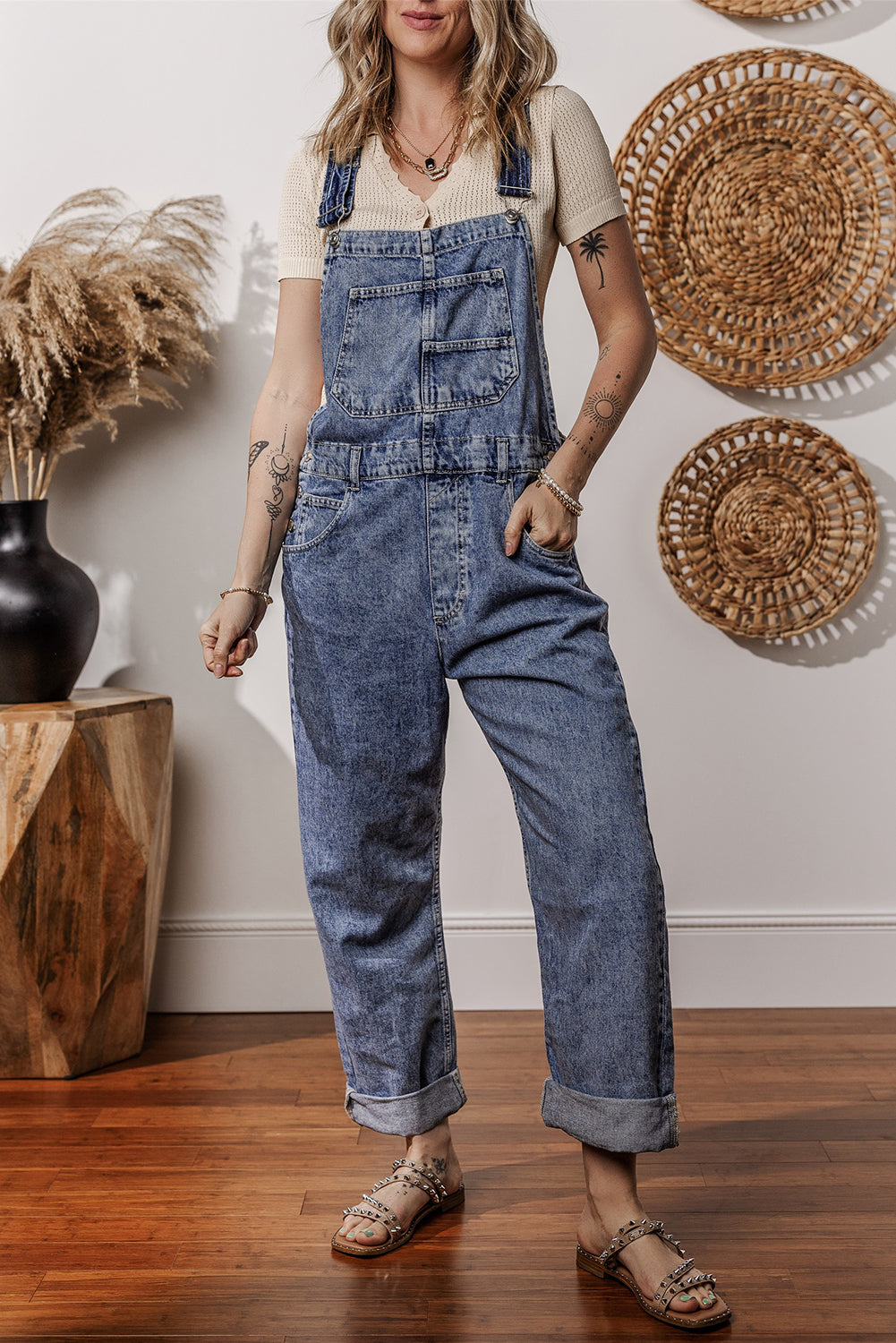 Sail Blue Denim Bib Straight Leg Jumpsuit with Pockets Jumpsuits & Rompers JT's Designer Fashion
