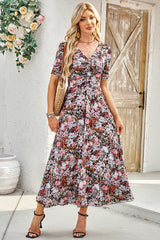 Brown Mesh Leopard Floral Reversible V Neck Short Sleeve Dress Dresses JT's Designer Fashion