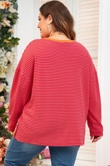 Orange Stripe Plus Size Drop Shoulder Long Sleeve Buttoned Decor Top Plus Size Long Sleeve Tops JT's Designer Fashion
