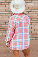 Pink Plaid Flap Pocket Button Up Shacket Plaid Shackets JT's Designer Fashion