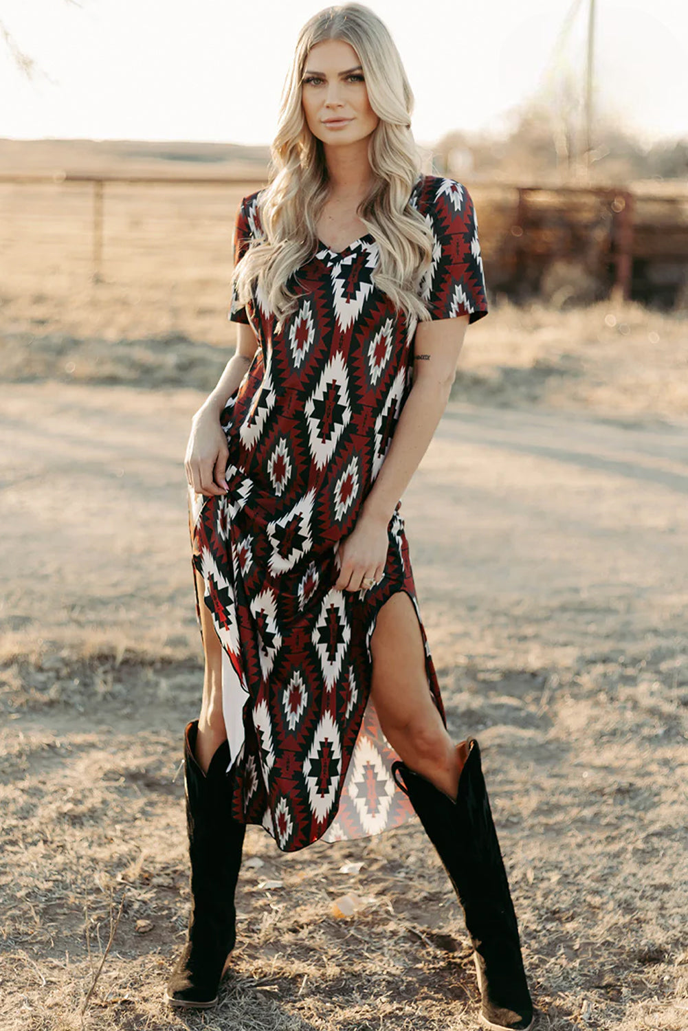 Red Western Aztec Printed Long T-shirt Dress T Shirt Dresses JT's Designer Fashion