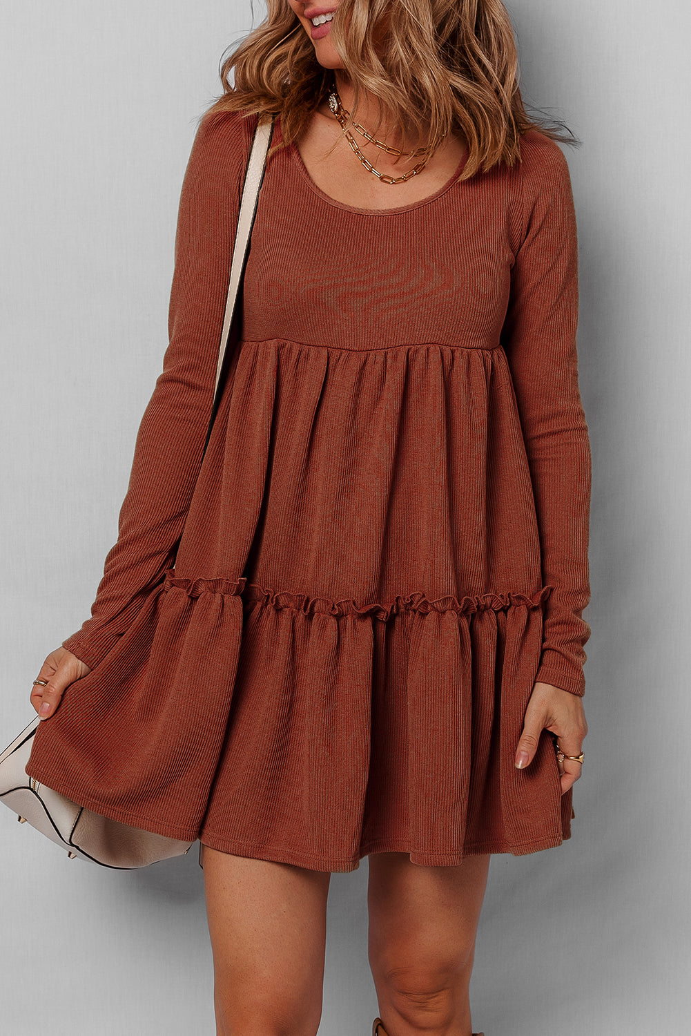 Straw Yellow Ribbed Frilled Trim High Waist Long Sleeve Mini Dress Mini Dresses JT's Designer Fashion