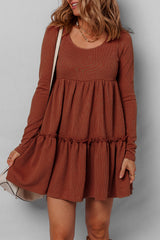 Straw Yellow Ribbed Frilled Trim High Waist Long Sleeve Mini Dress Mini Dresses JT's Designer Fashion