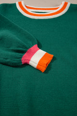 Blackish Green Colorblock Striped Trim Drop Shoulder Sweater Sweaters JT's Designer Fashion