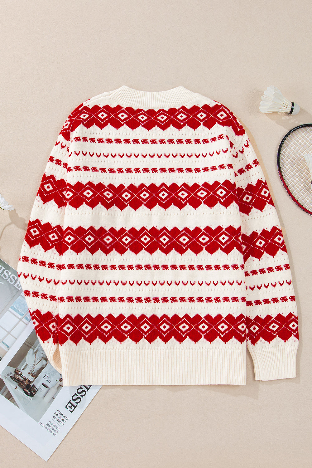 White Western Geometric Patterned Crew Neck Loose Sweater Sweaters JT's Designer Fashion