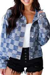 Light Blue Checkered Patchwork Button up Denim Jacket Denim Jackets JT's Designer Fashion